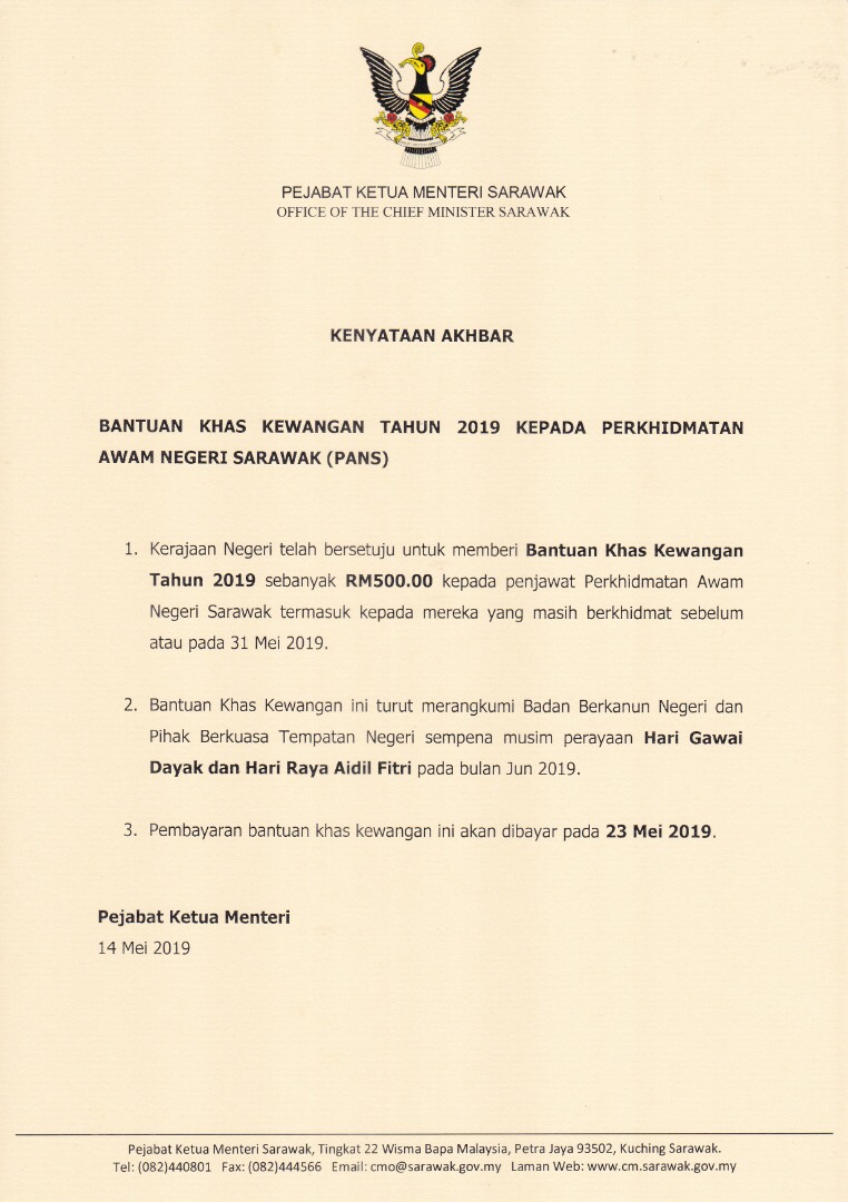 Bantuan Khas Kewangan Tahun 2019 Kpd Perkhidmatan Awam Sarawak Hr News