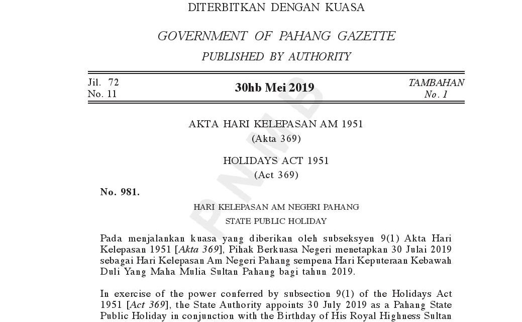 Amendment of the Date of Public Holiday for the Birthday of His Royal Highness the Sultan of Pahang