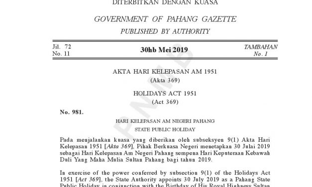 Amendment of the Date of Public Holiday for the Birthday of His Royal Highness the Sultan of Pahang